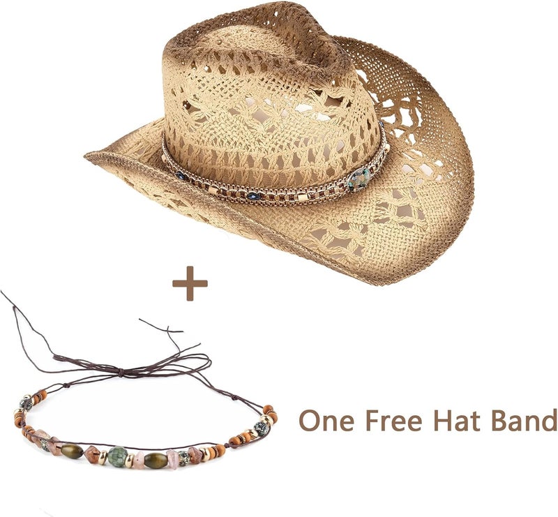 Foeran Men's Women's Straw Cowboy Hat Cowgirl Woven Sun Hat Western Cowboy Hat Two Decorative Bands - Image 5